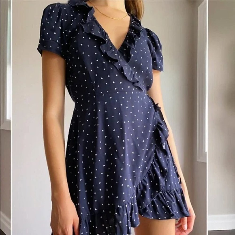 Aritzia Sunday Best New Wrap Dress Ruffle Heart Print Navy Blue Size 0